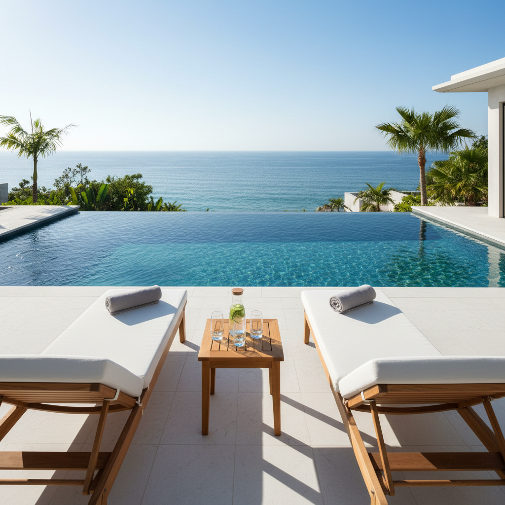 A serene infinity pool on the terrace of an upscale seaside villa, its water a deep turquoise with faint ripples catching the sunlight. The pool edge appears to merge seamlessly with the azure ocean and distant horizon beyond. Along one side, two generously cushioned sun loungers with rolled towels and a small teak side table holding a carafe of infused water and two glasses suggest quiet relaxation. Soft late-morning sunlight illuminates the white stone tiles and casts gentle, clean shadows. Photographed in wide-angle from a low perspective, with crisp detail and a modern, minimalist aesthetic, the image evokes sophisticated yet family-friendly luxury vacation living.