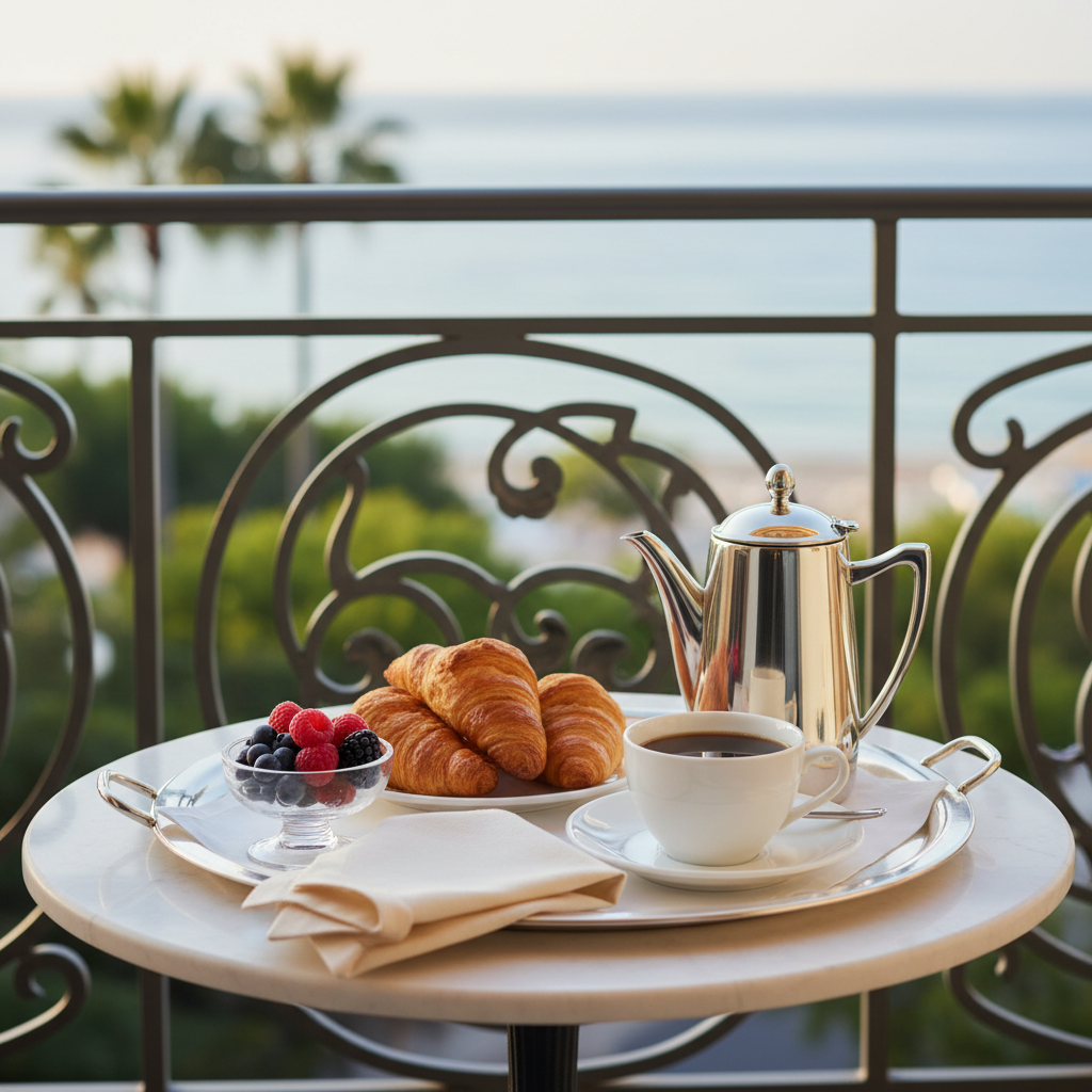 A refined breakfast-in-suite scene on a private hotel balcony overlooking a lush coastal landscape. A small round marble-topped table holds a silver tray with a gleaming stainless steel coffee pot, a pristine white porcelain cup and saucer filled with dark coffee, a plate of freshly baked croissants, and a small bowl of mixed berries. A light linen napkin is casually draped beside the tray. Beyond the wrought-iron railing, blurred palm trees and a hint of ocean create a dreamy backdrop. Soft early-morning light bathes the setting, creating delicate reflections on metal and porcelain. Captured at a three-quarter angle in photographic realism, the mood is tranquil and indulgent, perfect for conveying luxury lifestyle experiences.