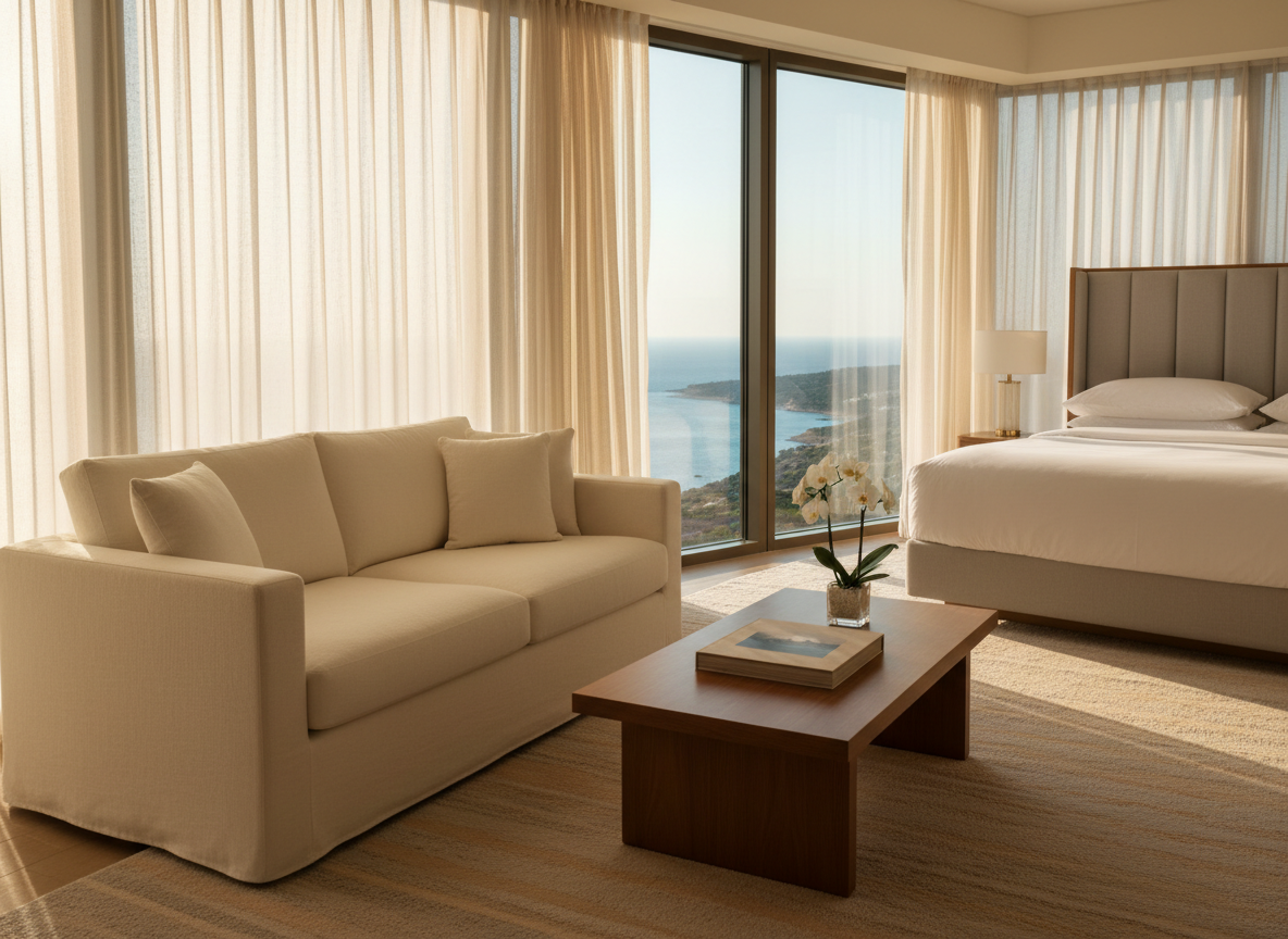 A spacious luxury hotel suite living area, photographed in meticulous detail, featuring a cream-colored linen sofa with plush cushions, a low walnut coffee table with a single art book and a small vase of white orchids, and floor-to-ceiling windows revealing a distant coastline and sparkling sea. Late afternoon golden light filters through sheer curtains, casting soft, elongated shadows across a textured wool rug. In the background, a neatly made king bed with crisp white bedding and a padded headboard is slightly out of focus. Shot at eye level with a shallow depth of field and photographic realism, the composition uses the rule of thirds to create a calm, sophisticated atmosphere suited for a high-end family travel and lifestyle blog hero image.