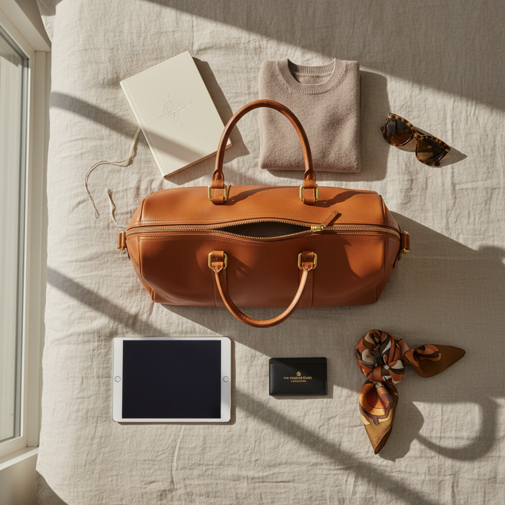 A carefully curated flat lay of luxury travel essentials arranged on a light sand-colored linen bedspread in a boutique hotel room. At the center lies a structured tan leather weekender bag with brass hardware, partially unzipped to reveal a neatly folded cashmere sweater in soft taupe. Around it, a closed hardcover travel journal, a slim tablet, a pair of oversized tortoiseshell sunglasses, a silk scarf in muted earth tones, and a sleek key card holder from a five-star hotel. Soft natural window light from the left creates subtle highlights on leather and metal, with gentle shadows defining each object. Shot from directly overhead in photographic realism, the composition is balanced and editorial, ideal for a lifestyle-focused packing or travel tips blog post.