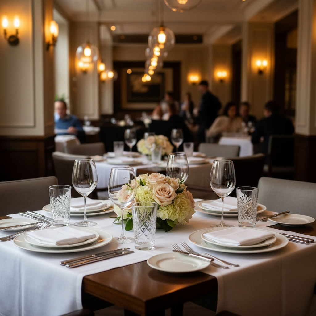 An elegantly set restaurant table for four in a Michelin-level dining room, showcasing a polished dark oak tabletop with crisp white linen napkins, weighty crystal water glasses, and gleaming silver cutlery aligned with precision. At the center, a small, low arrangement of pale blush roses and greenery adds a touch of softness. The open-plan restaurant around it is gently blurred, with soft warm pendant lights and wall sconces casting a golden glow that reflects off glass and metal surfaces. Captured from a slightly elevated angle in photographic realism, the scene feels intimate yet family-friendly, conveying refined fine dining perfect for luxury travel and restaurant recommendation content.