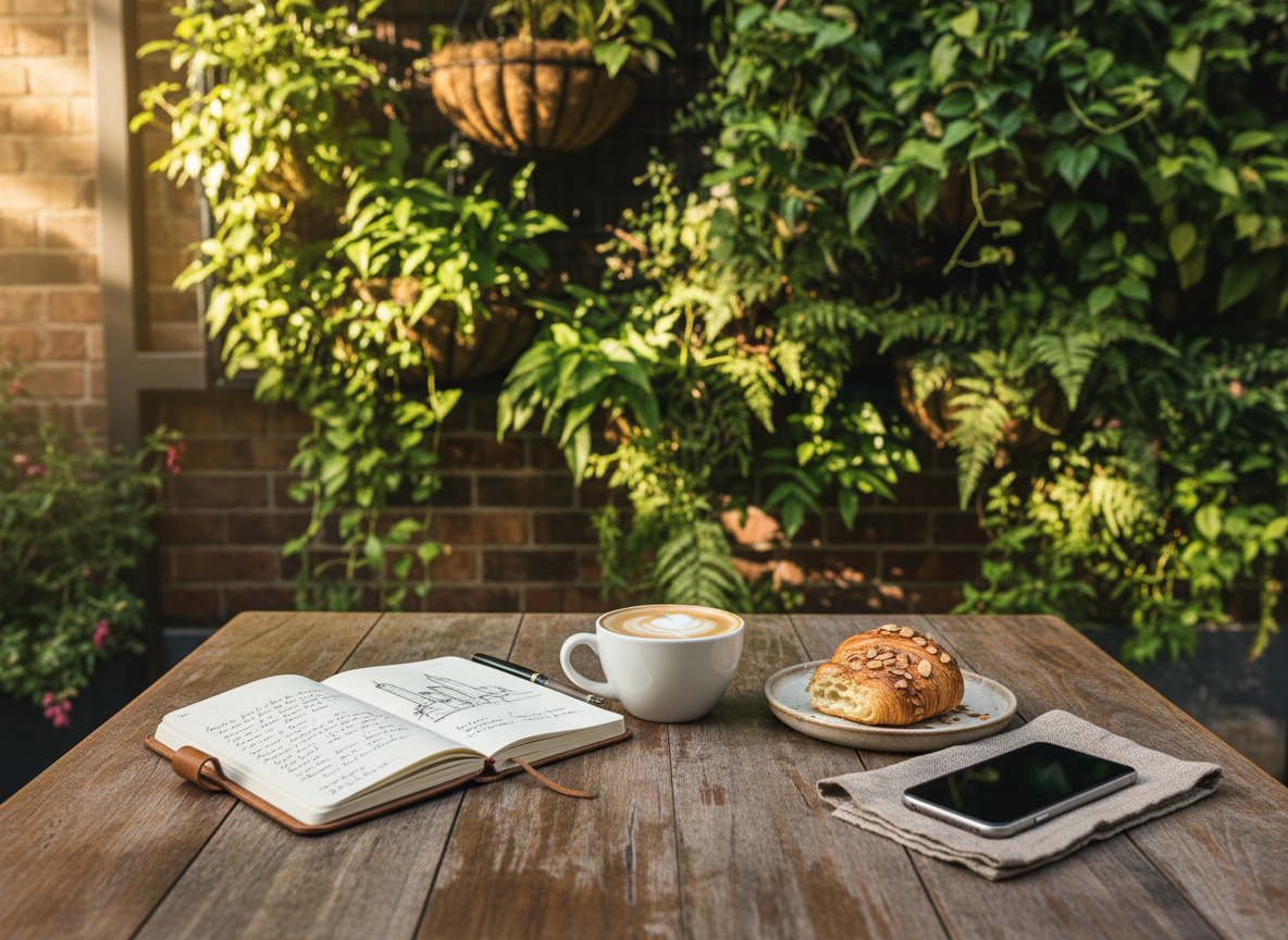 A warm, sophisticated editorial photograph for the Contact Us page of A Foodie Travelista: a stylish Melbourne café table outdoors with a handwritten travel notebook, smartphone, coffee, and subtle leafy greenery, inviting and personal, natural soft daylight, premium travel-lifestyle magazine aesthetic, no visible text, no logos, landscape composition.