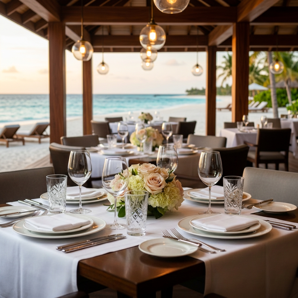 An elegantly set restaurant table for four in a Michelin-level dining room, showcasing a polished dark oak tabletop with crisp white linen napkins, weighty crystal water glasses, and gleaming silver cutlery aligned with precision. At the center, a small, low arrangement of pale blush roses and greenery adds a touch of softness. The open-plan restaurant around it is gently blurred, with soft warm pendant lights and wall sconces casting a golden glow that reflects off glass and metal surfaces. Captured from a slightly elevated angle in photographic realism, the scene feels intimate yet family-friendly, conveying refined fine dining perfect for luxury travel and restaurant recommendation content.